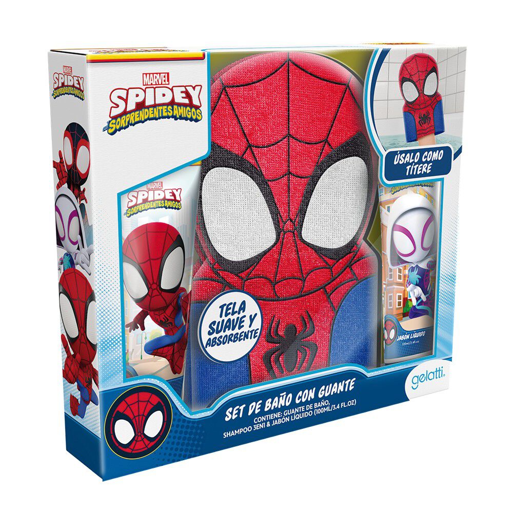 Set de Baño Spiderman, Shampoo + Jabon + Guante de Baño Rojo
