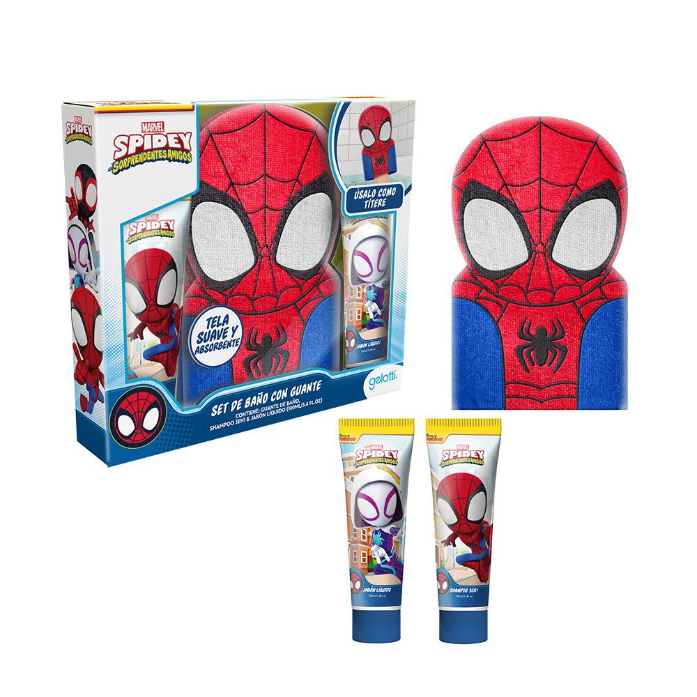 Set de Baño Spiderman, Shampoo + Jabon + Guante de Baño Rojo